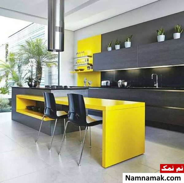 آشپزخانه مدرن به رنگ زرد و خاکستری