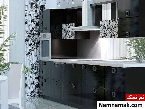  کابینت آشپزخانه سفید مشکی طرح دار