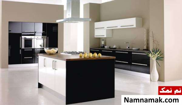  کابینت آشپزخانه سفید مشکی جزیره