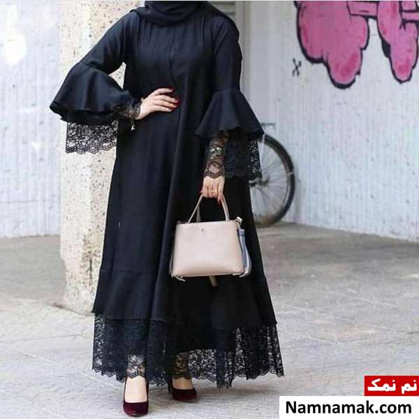 مانتو مشکی تور دار آستین کلوش