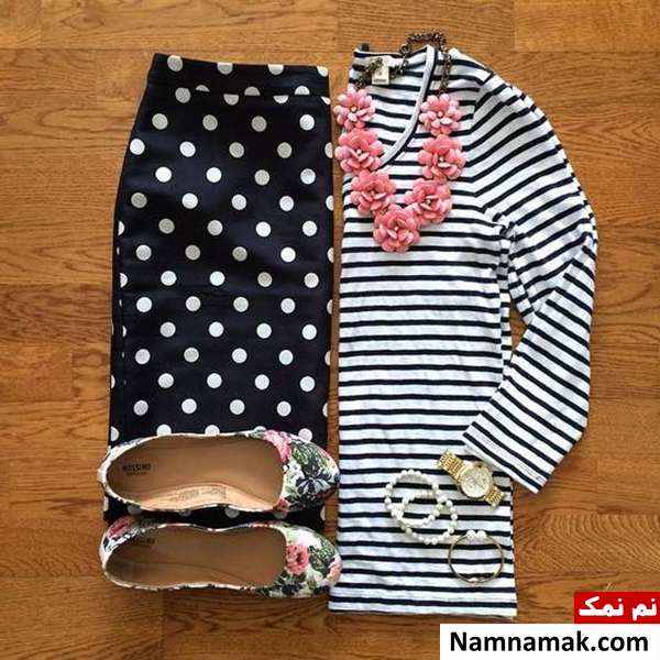ست لباس راه راه با دامن خال خالی