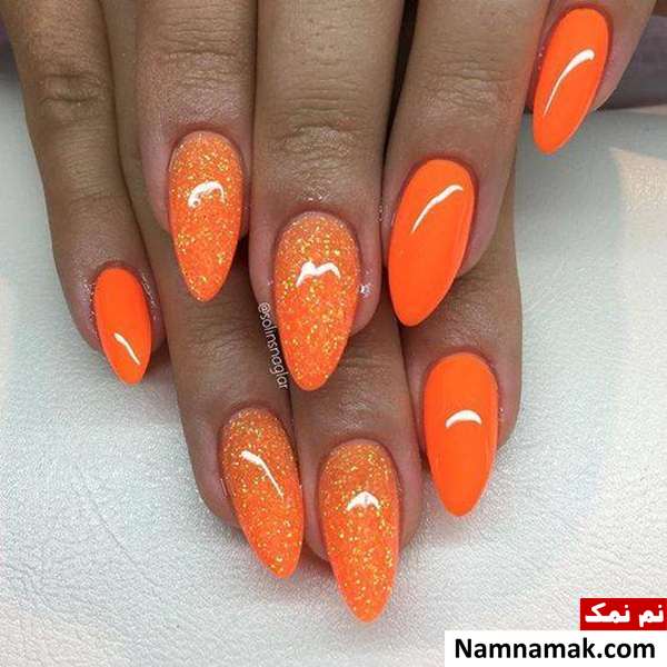 طراحی ناخن با لاک اکلیلی نارنجی