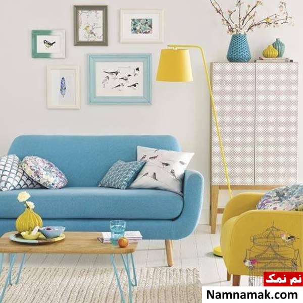 دکوراسیون آبی ترکیب زرد و آبی مبل