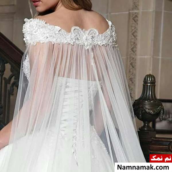 مدل جدید لباس عروس یقه افتاده روی سر شانه جدید لباس عروس یقه افتاده جدید