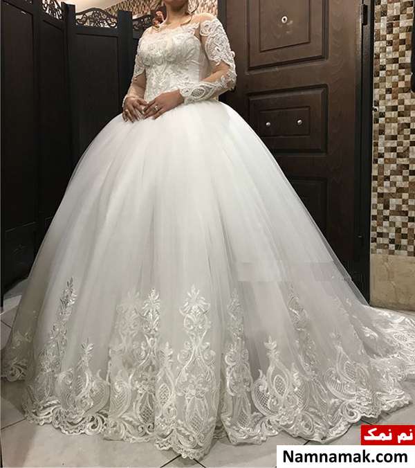 مدل جدید لباس عروس یقه افتاده روی سر شانه جدید لباس عروس یقه روی سرشانه
