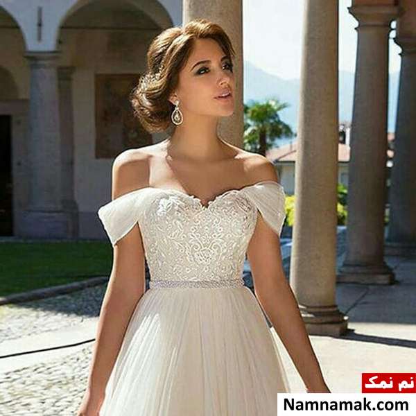 مدل جدید لباس عروس یقه افتاده روی سر شانه جدید مدل یقه افتاده برای لباس عروس