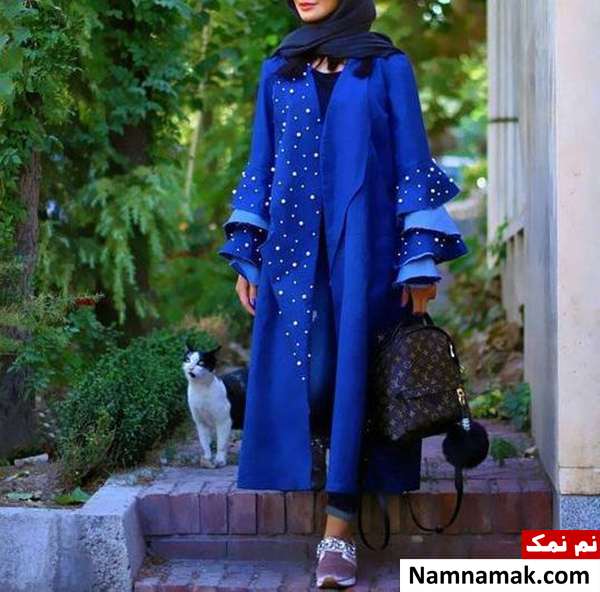مانتو آبی کاربنی مروارید دوزی شده