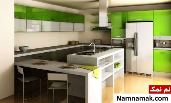 مدل کابینت آشپزخانه سفید و سبز 