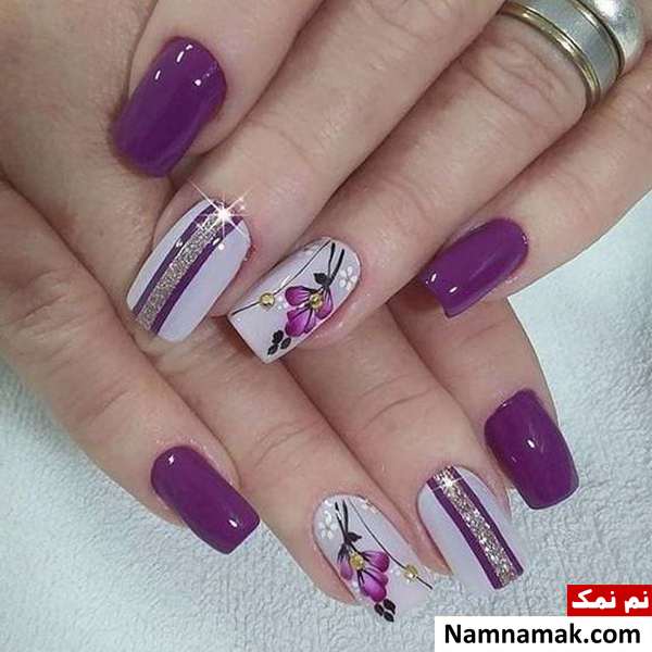 طراحی ناخن با لاک بنفش و یاسی